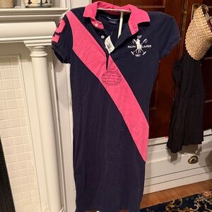Ralph Lauren Navy and Pink Striped Large Pony Polo Dress- NWT. Retail 158